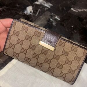 Gucci Beige & Brown GG Canvas Continental Wallet with Gold Accent